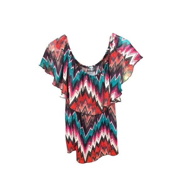 Charlotte Russe Pink and Blue Flutter Sleeve Blouse - Picture 1 of 3
